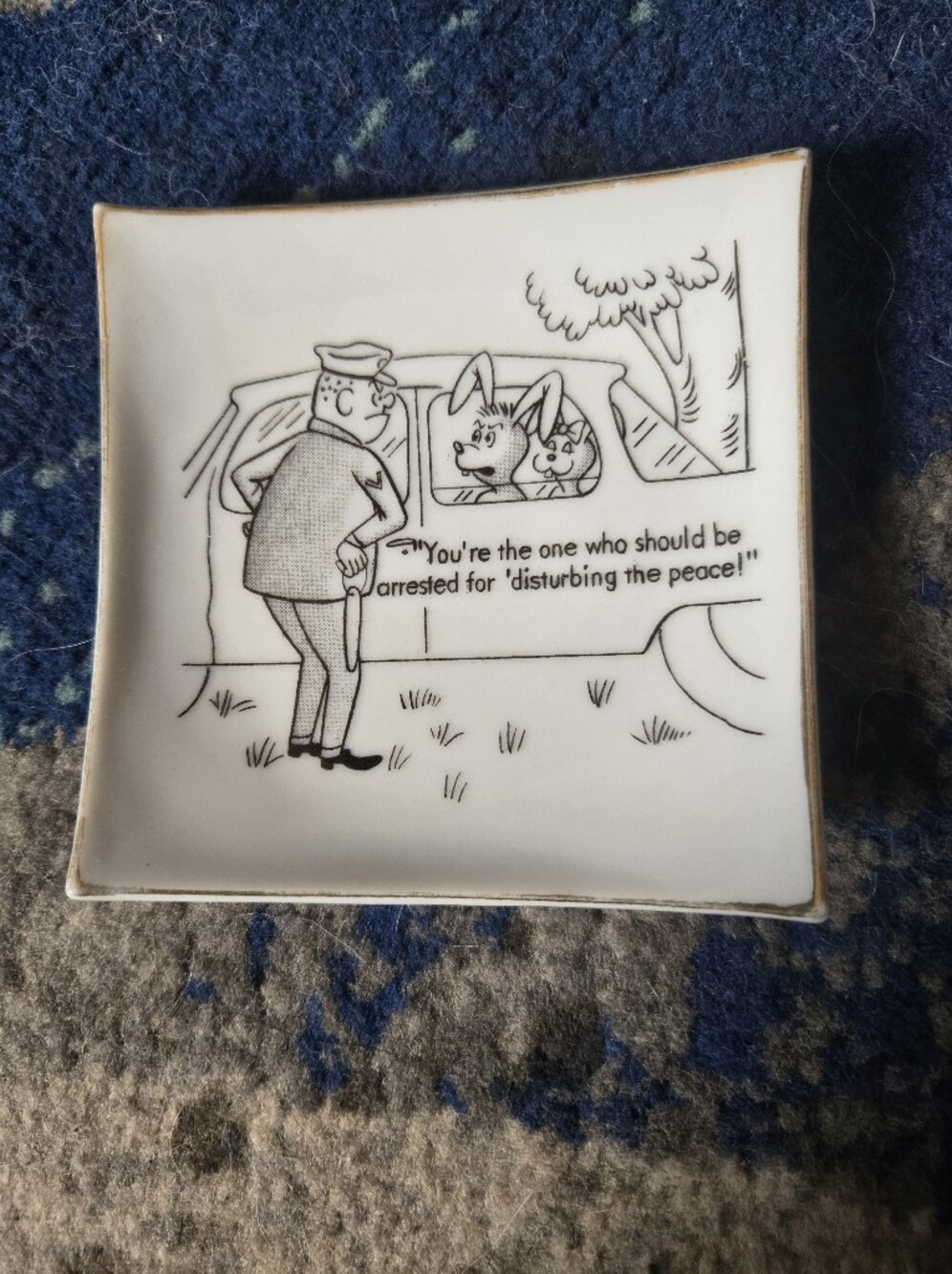 Vintage White Ceramic Decorative Tray with Black Cartoon Illustration